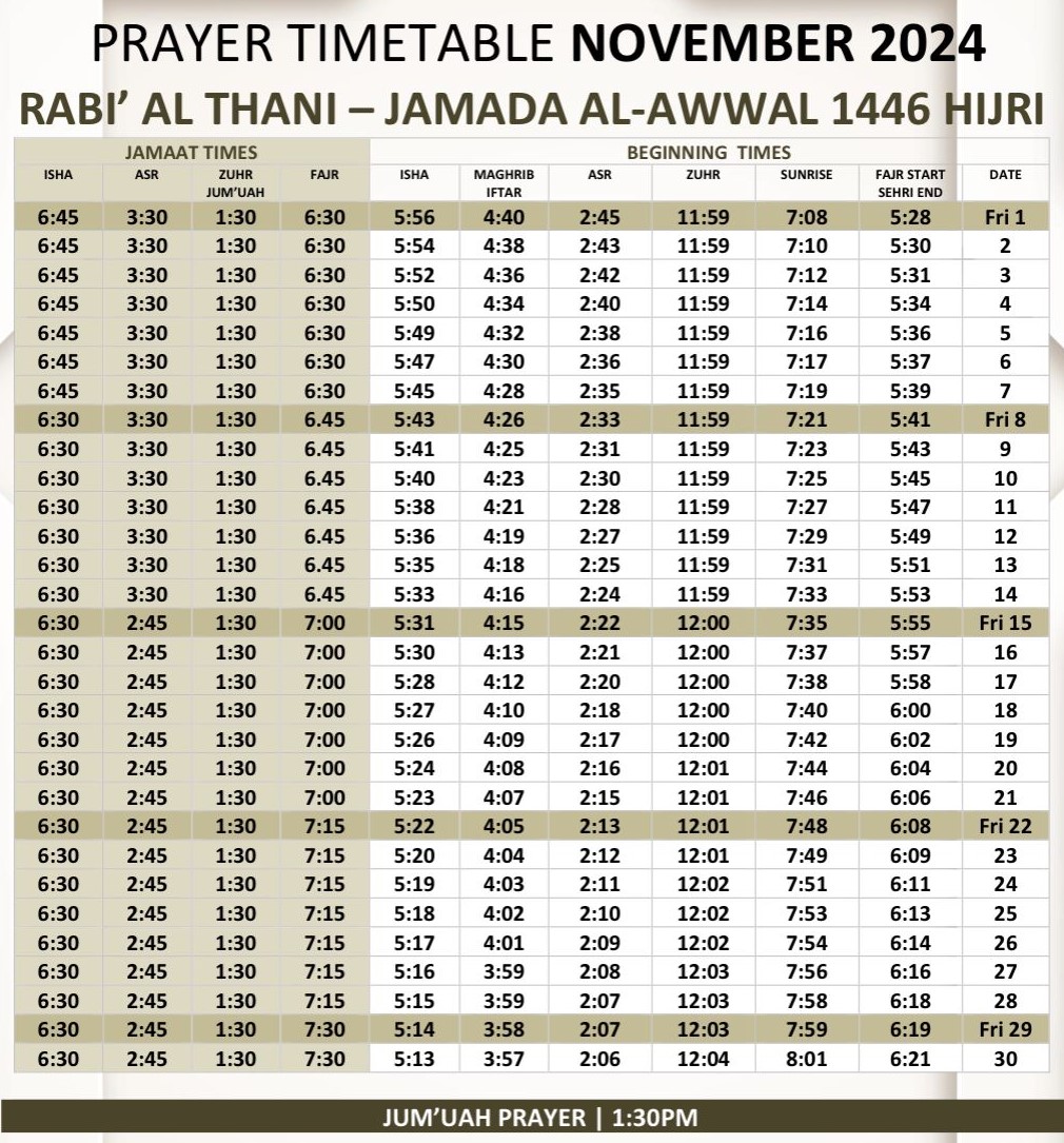 Nov 2024 Prayer Time Table