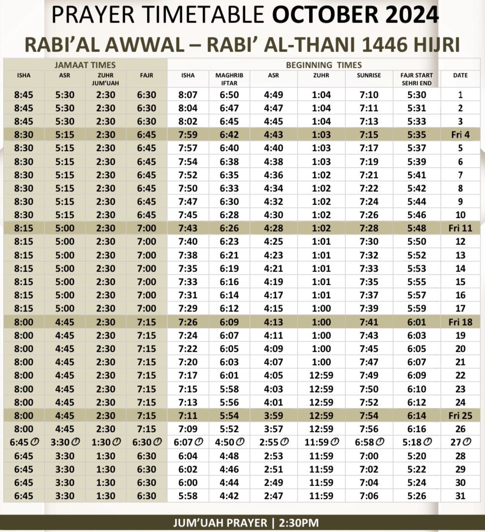 October 2024 Prayer Timetable