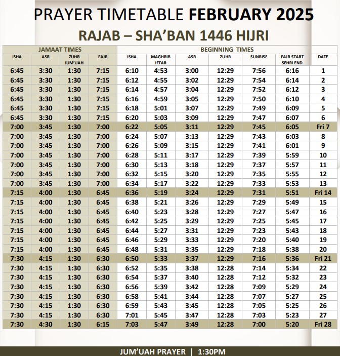 Prayer Time Table for Feb 2025