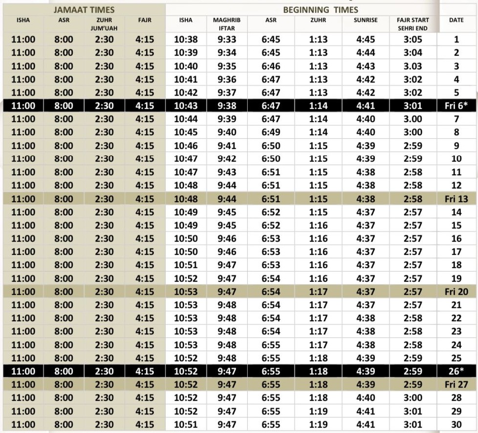 June 2025 Prayer Timetable