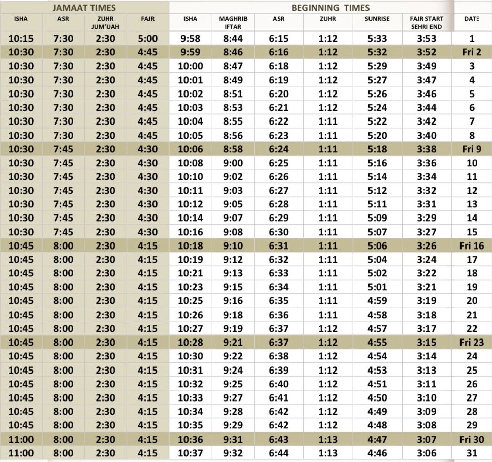 May 2025 Prayer Timetable