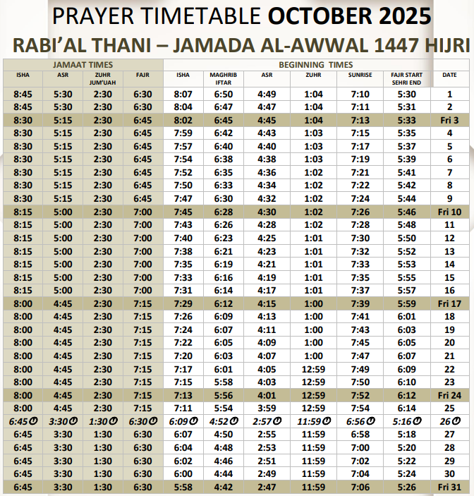 October 2025 Salah Timetable