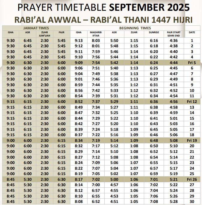 September 2025 Salah Timetable
