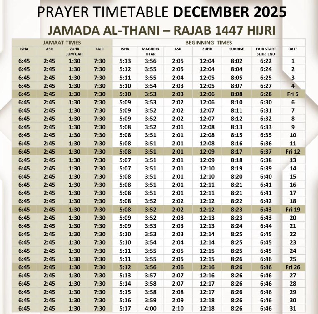 December 2025 Timetable