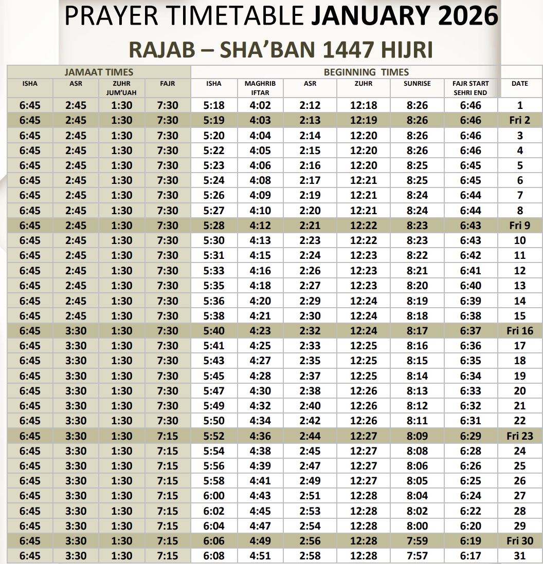 Jan 2026 Salah/Namaz/Prayer Timetable