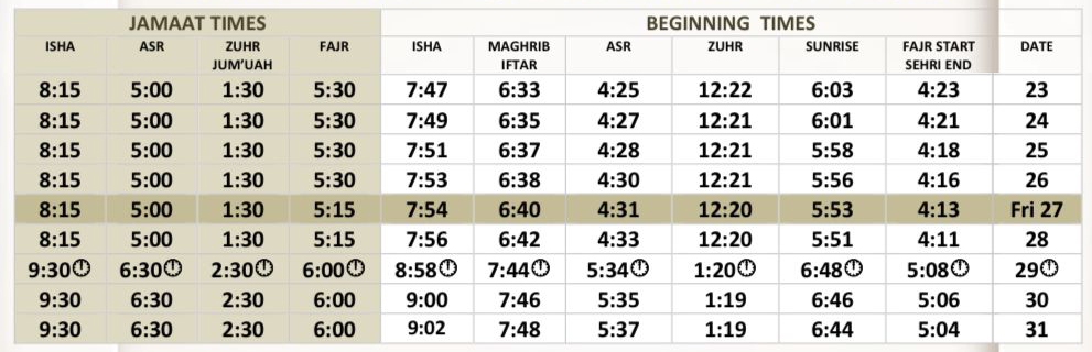 March 2026 Salah Time table