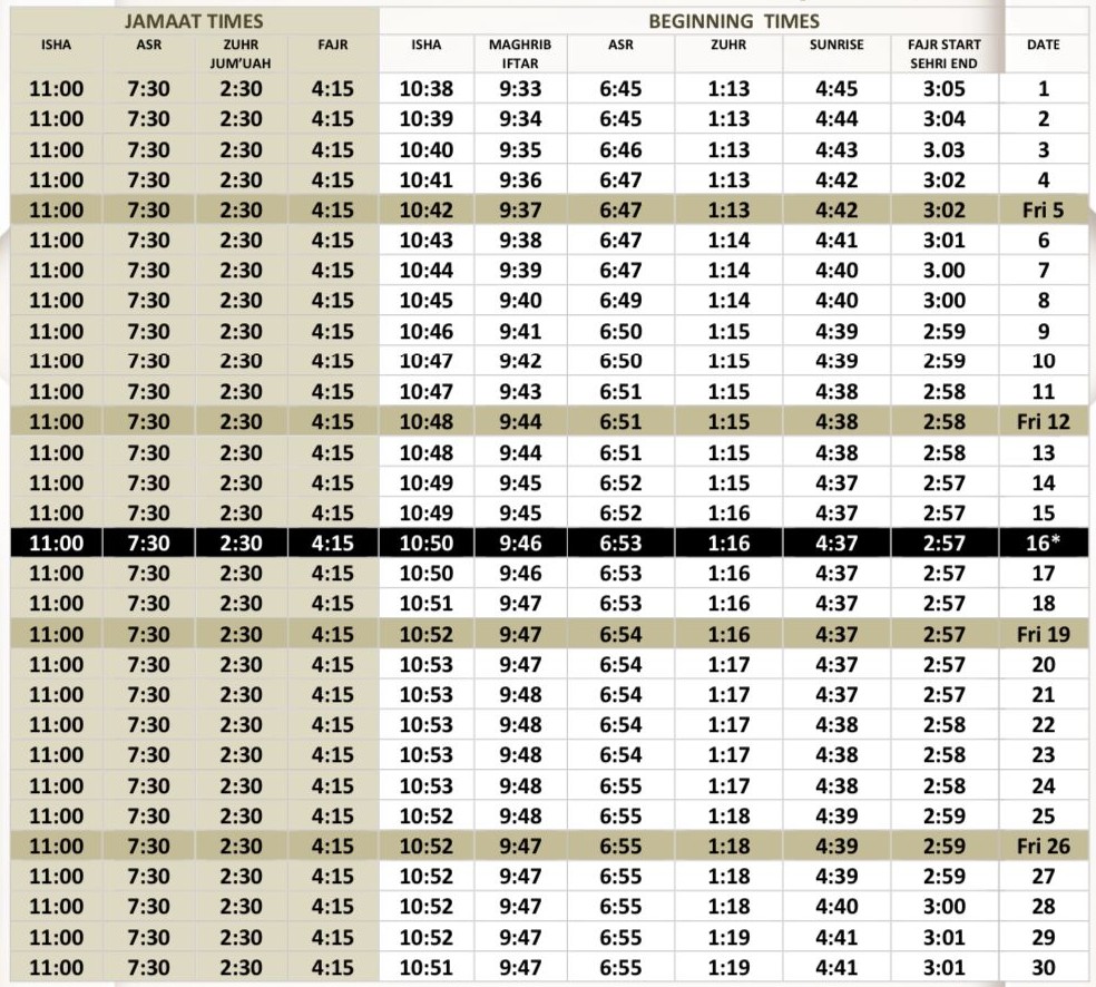June Salah timetable